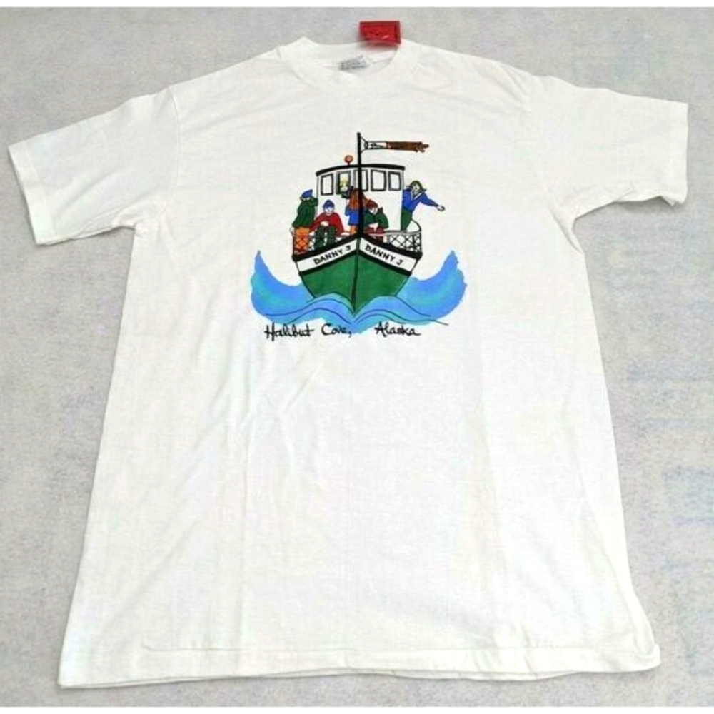 Halibut Cove Alaska T-Shirt Danny J Large Short Sleeve New Hand Painted Crewneck